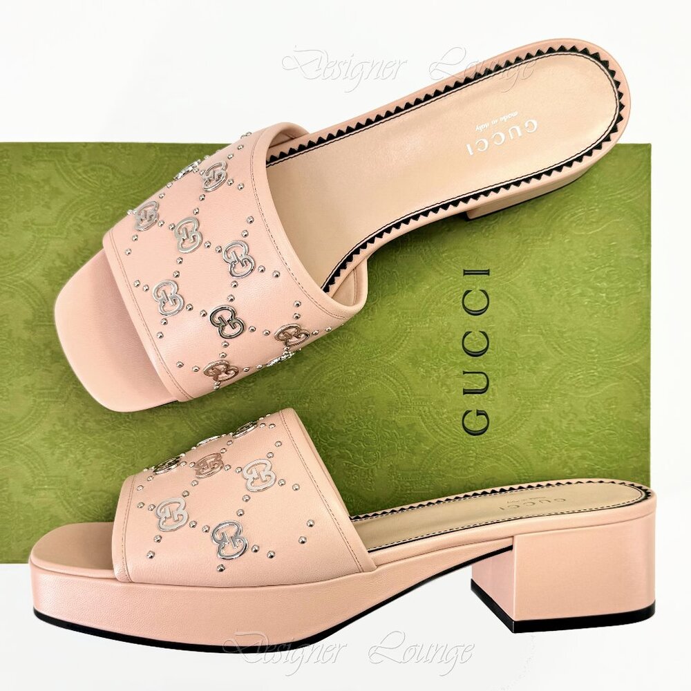 NEW GUCCI Janaya Interlocking GG Studs Rose Leather Sandals Slides EU 40 US 10
